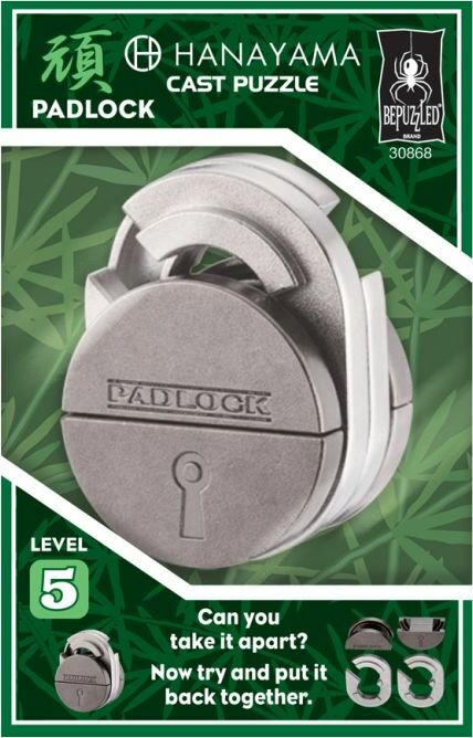 The Hanayama Cast Padlock is a challenging mechanical puzzle featuring a sleek silver design. Its robust structure features a keyhole and smooth edges, inviting players to decipher the puzzle's complexities. Rated Level 5 for difficulty, the challenge lies in taking the padlock apart and reassembling it, offering a blend of cognitive challenge and tactile engagement. Perfect for puzzle enthusiasts and those seeking a brain-teaser.