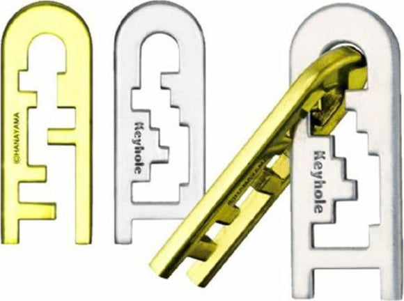 The Hanayama Cast Keyhole is a mechanical puzzle featuring intricate designs in silver and gold finishes. The puzzle consists of interlocking pieces shaped like a keyhole. The challenge lies in figuring out how to separate and then reassemble the pieces, offering an engaging and stimulating brain teaser for puzzle enthusiasts.