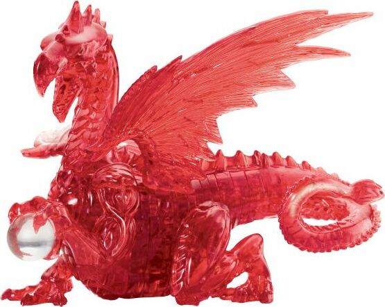 A vibrant red 3D crystal jigsaw puzzle depicting a majestic dragon with detailed wings, body, and a crystal ball at its feet. The dragon's intricate design showcases its fierce features and scales, making it a stunning decorative piece for any puzzle enthusiast.