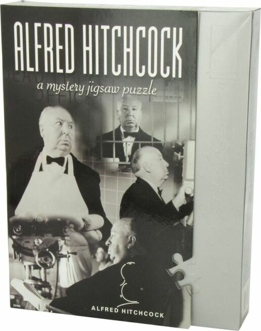 Alfred Hitchcock Mystery Jigsaw Puzzle by University Games. The box features vintage black and white images of Alfred Hitchcock alongside other characters, set in an old-fashioned kitchen. The design includes an artistic representation of the iconic director, inviting puzzle enthusiasts to explore a mystery while assembling.