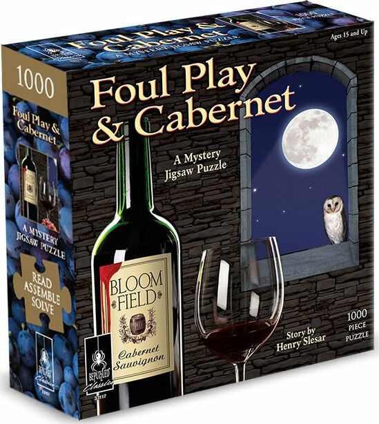 Foul Play & Cabernet jigsaw puzzle box featuring a mysterious scene with a full moon, an owl, a wine bottle, and a glass of Cabernet Sauvignon. The puzzle contains 1000 pieces and is suitable for ages 15 and up. The story is written by Henry Slesar.