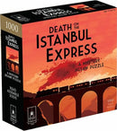 Death on the Istanbul Express is a 1000-piece mystery jigsaw puzzle by University Games. The box features a vibrant design depicting a train crossing a bridge against a dramatic sunset, inviting the puzzler to read, assemble, and solve a captivating mystery.