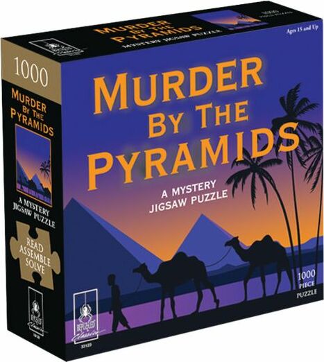 The box of the 'Murder by the Pyramids' jigsaw puzzle designed by University Games. It features vibrant artwork depicting a desert scene with camels and pyramids at sunset. The title is prominently displayed in bold letters on the front, and highlights that it is a mystery puzzle with 1000 pieces. The box indicates it is suitable for ages 15 and up, emphasizing the challenge and entertainment it provides.