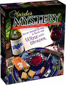 The game box for 'A Taste for Wine and Murder,' a murder mystery dinner party game designed for 6 to 8 players. The front features a wine bottle, a glass of red wine, a plate with bread and cheese, and a decorative plate, set against a background of grapes. The title is prominently displayed in elegant text.