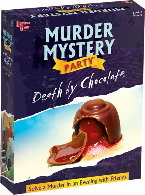 The box of the game 'Death by Chocolate' from University Games, featuring a chocolate dessert with a red center on the front. The title prominently displays 'Murder Mystery Party', with text indicating it's designed for 8 adult players and encourages solving a murder in an evening with friends.