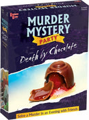 The box of the game 'Death by Chocolate' from University Games, featuring a chocolate dessert with a red center on the front. The title prominently displays 'Murder Mystery Party', with text indicating it's designed for 8 adult players and encourages solving a murder in an evening with friends.