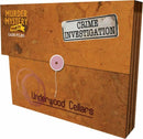 Underwood Cellars Murder Mystery Party Case Files game featuring a brown folder with a 'Crime Investigation' label. The folder is secured with a pink button, showcasing the game's branding and theme focused on mystery-solving.