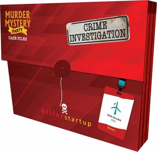 Killer Startup Murder Mystery game by bePuzzled features vibrant red packaging with the text "Murder Mystery Party", "Crime Investigation", and a name tag for Dan Killian, CEO of Whirl. The game includes various case files for players to solve a murder mystery.