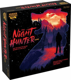 The Night Hunter game box by University Games, featuring a dramatic, colorful design with a silhouette of a wolf and a shadowy figure in a forest. The title is boldly displayed in red lettering, accompanied by taglines challenging players to find the killer. The side of the box lists game details, including 'Over 100 pieces of evidence' and '4 known victims'.