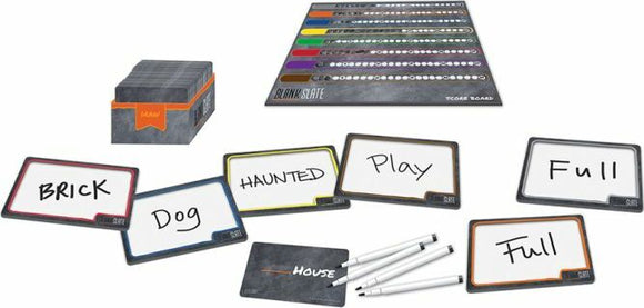 Blank Slate game by USAopoly featuring a game board, a collection of dry-erase answer cards, markers, and a scoring board. The game emphasizes creativity and teamwork as players write down words that match their teammates’ guesses.