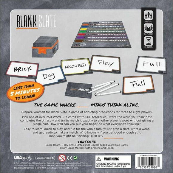 Blank Slate game by USAopoly featuring a game setup with a score board, dry-erase slates, and word cue cards. Promotes creativity in matching phrases among players. Designed for 3 to 8 players, ages 8 and up, with easy setup and quick to learn rules.