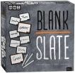 The game 'Blank Slate' by USAopoly features a striking box design with a gray background and playful white text. It showcases various blank cards with prompt words like 'Friends' and 'Food'. Intended for groups, this game encourages creativity and fun in word association.