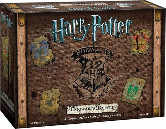 A box for the Harry Potter: Hogwarts Battle game by USAopoly, featuring a textured design with the iconic Hogwarts crest and house emblems. The title 'Harry Potter' is prominently displayed in a shimmering font. The box includes information about gameplay for 1-4 players and is recommended for ages 11 and up. The overall aesthetic combines elements of fantasy and adventure, appealing to fans of the Harry Potter series.