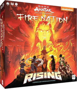 Avatar: The Last Airbender Fire Nation Rising game box featuring vibrant artwork. It showcases characters from the series including Aang, Katara, and others, surrounded by flames and airships, all trying to restore balance to the world. The bold title appears prominently at the bottom, emphasizing the cooperative nature of the game.