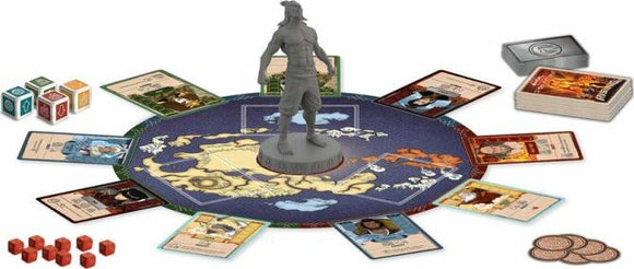 An image of the Avatar: The Last Airbender Fire Nation Rising board game by USAopoly. The game features a central circular game board showcasing a map of the Avatar world, surrounded by game cards, character tokens, and a detailed figure of a character from the Fire Nation. Colorful dice and additional components are scattered around, creating an engaging game setup.
