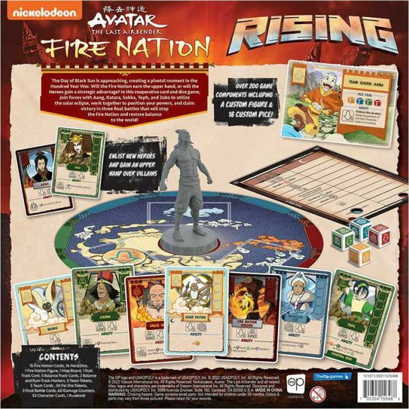 Avatar: The Last Airbender Fire Nation Rising is a strategic board game featuring a colorful game board, a custom figure, and various character cards. Players can enlist heroes and combat villains using unique abilities. The game promotes teamwork and strategy while engaging fans of the Avatar universe and includes over 200 game components.