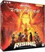 The box of the game 'Avatar: The Last Airbender - Fire Nation Rising' by USAopoly, featuring vibrant artwork depicting Fire Nation characters and elements, with a fiery background and bold title text at the top.