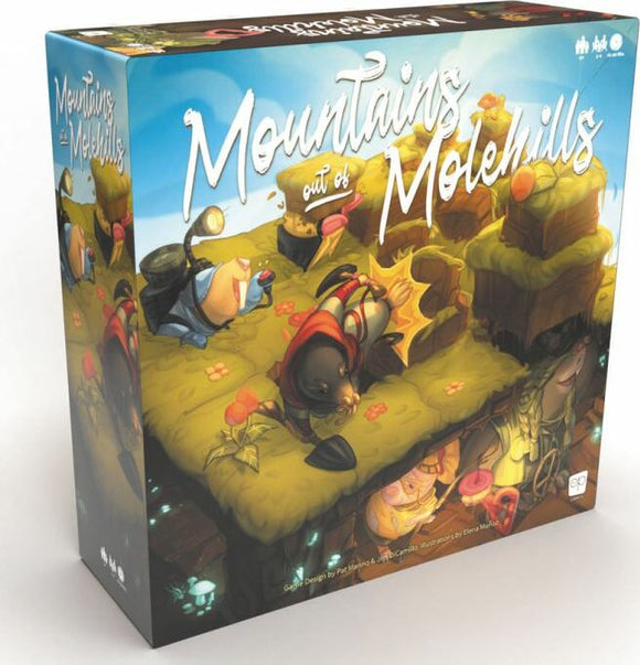 Mountains Out of Molehills board game by USAopoly featuring colorful artwork of whimsical moles navigating a vibrant landscape filled with flowers and treasures.