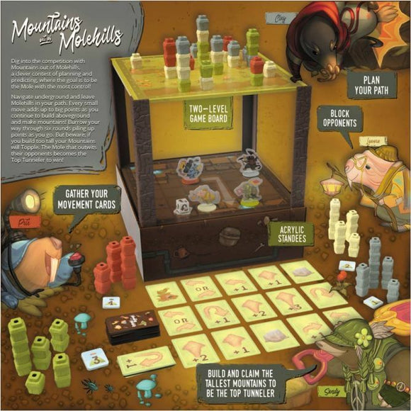 Gameplay preview of 'Mountains Out of Molehills' by USAopoly. Features a two-level game board with various colored tokens and acrylic standees. Illustrations of cute animals and action elements show players gathering movement cards, planning paths, and blocking opponents, culminating in a vibrant and dynamic game setup suitable for families and friends.
