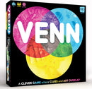 Venn board game by USAopoly featuring a colorful Venn diagram on its box. The game's title 'VENN' is boldly displayed in large white letters against a vibrant background of overlapping circles in pink, yellow, blue, and gray. It is designed for 2 or more players aged 10 and up, with a gameplay time of 20 to 30 minutes, emphasizing clever clues and artistic overlap.