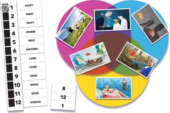 The game Venn by USAopoly features colorful Venn diagram circles and various images within each section, representing different categories. A scoring chart is shown on the left, listing unique phrases like 'Fuzzy', 'Fight', and 'Science', indicating a fun and engaging gameplay experience that encourages creativity and critical thinking.