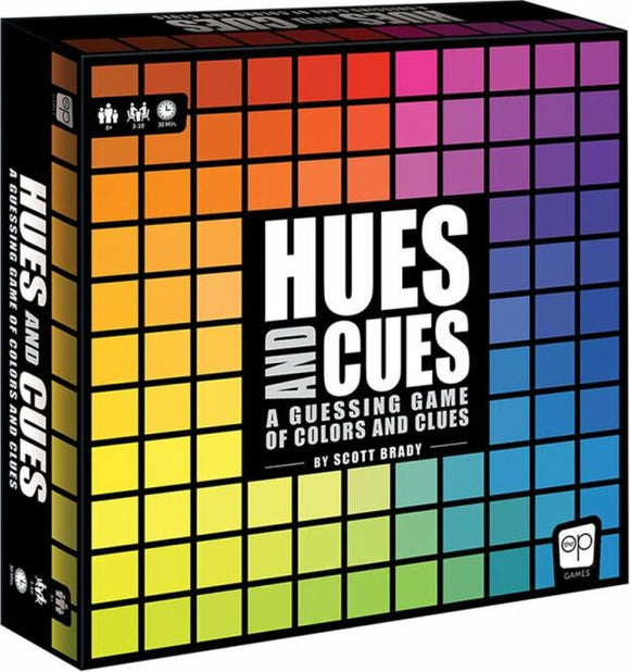 The game 'Hues and Cues' by USAopoly features a colorful box design with a grid of vibrant hues, showcasing a guessing game centered around colors and clues. The title is prominently displayed, indicating it's for players who enjoy fun and strategic gameplay. Ideal for family game nights or gatherings, it encourages creativity and connects players through color association.