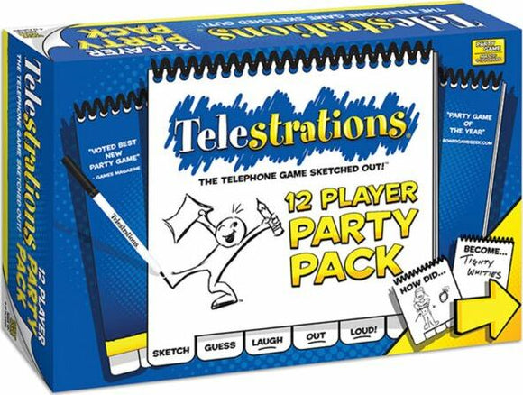 Telestrations: 12 Player Party Pack game box featuring a vibrant blue and yellow design. The front shows playful illustrations of people sketching and guessing, with the text 'Telestrations' prominently displayed. It includes the tagline 'The telephone game sketched out!' and highlights the game's capacity for 12 players. The design is colorful and inviting, perfect for parties and group gatherings.