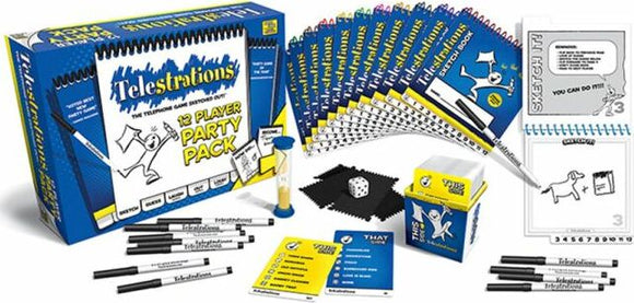 Telestrations 12 Player Party Pack game by USAopoly featuring a vibrant blue box, multiple sketch pads, markers, a dice, an hourglass timer, and game cards, ideal for party fun and creativity.