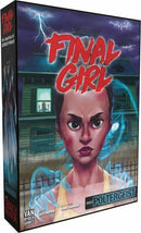 The box cover of the game 'Final Girl: Poltergeist' by Van Ryder Games features a tense illustration of a fierce female character with short hair, set against a haunted house background with ghostly apparitions and dark storm clouds. The title 'Final Girl' is prominently displayed in bold red letters, conveying a horror theme. The overall design suggests a spooky atmosphere suitable for a thrilling game night.