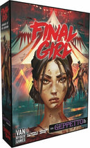 Box art for the game 'Final Girl: Carnage at the Carnival' by Van Ryder Games. The cover features an intense illustration of a young woman with striking features, set against a background of carnival tents, hinting at horror and adventure themes.