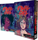 Final Girl: A Knock at the Door board game by Van Ryder Games, features two character illustrations. One character has curly hair and a fierce expression, while the second has a determined look and is slightly disheveled, both set against a backdrop of a haunted house. The vibrant artwork captures the thrilling and horror-themed essence of the game.