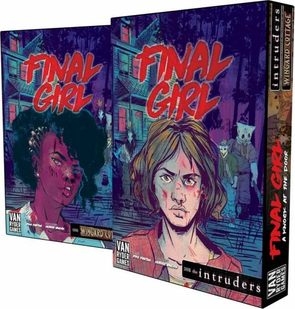 Final Girl: A Knock at the Door board game by Van Ryder Games, features two character illustrations. One character has curly hair and a fierce expression, while the second has a determined look and is slightly disheveled, both set against a backdrop of a haunted house. The vibrant artwork captures the thrilling and horror-themed essence of the game.