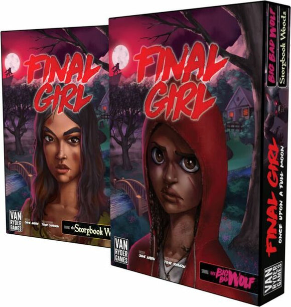Final Girl: Once Upon a Full Moon board game by Van Ryder Games. The image shows two game boxes featuring striking artwork with two female characters looking determined, set against a spooky background with a full moon and eerie trees, emphasizing the horror theme of the game.