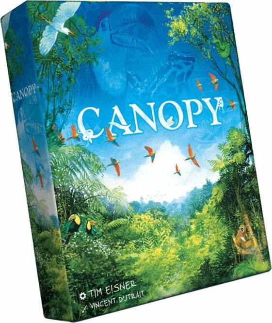 The game Canopy by Weird City Games features a vibrant box design depicting lush green foliage, colorful birds in flight, and a serene forest atmosphere. The title 'CANOPY' is prominent on the front, surrounded by illustrations of tropical wildlife and plants, evoking a sense of adventure and exploration in the jungle.