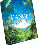 The game Canopy by Weird City Games features a vibrant box design depicting lush green foliage, colorful birds in flight, and a serene forest atmosphere. The title 'CANOPY' is prominent on the front, surrounded by illustrations of tropical wildlife and plants, evoking a sense of adventure and exploration in the jungle.