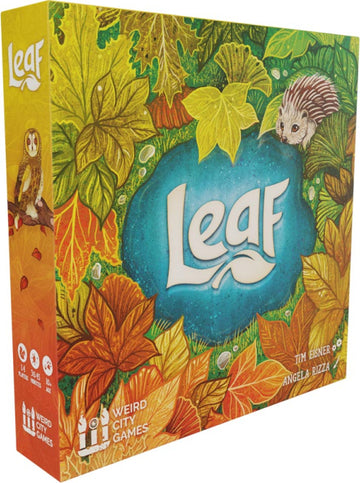 The game 'Leaf' by Weird City Games features a vibrant box design adorned with colorful autumn leaves, a cute hedgehog, and an owl. The title is creatively presented in bold letters against a background of blue and green, capturing the essence of nature. The packaging indicates the game is suitable for 1-4 players and includes 30-45 minutes of gameplay.