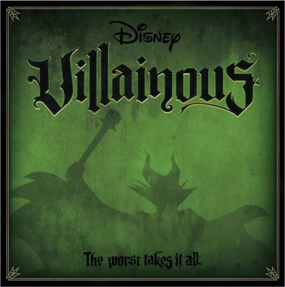 Disney Villainous board game by Ravensburger featuring a striking green background with the title 'Villainous' in bold black letters and the tagline 'The worst takes it all.' The design hints at Disney villains with silhouettes in the backdrop.