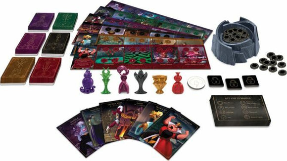 Villainous game by Ravensburger, featuring colorful character figurines, action cards, game boards, and tokens. Designed for strategic play, this board game immerses players in the challenges faced by famous Disney villains.