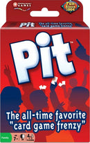 The game Pit by Winning Moves features a vibrant red box with playful graphics. The title 'Pit' stands out in bold letters, surrounded by silhouettes of people raising their hands, conveying excitement. The box highlights its description as 'The all-time favorite card game frenzy,' making it appealing for family game nights. Suitable for ages 7 and up, the game supports 3 to 8 players, promising fun and engagement.