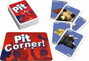 The game 'Pit' by Winning Moves features a stack of colorful playing cards that depict various commodities like cocoa, gold, and animals such as bears and bulls. The red game board, labeled 'Pit Corner!', invites players to engage in fast-paced trading. This lively game encourages group interaction and strategy.