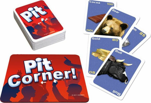 The game 'Pit' by Winning Moves features a stack of colorful playing cards that depict various commodities like cocoa, gold, and animals such as bears and bulls. The red game board, labeled 'Pit Corner!', invites players to engage in fast-paced trading. This lively game encourages group interaction and strategy.