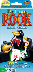 Deluxe Rook Card Game by Winning Moves featuring a colorful box with animated birds holding playing cards, highlighting 100 years of card playing fun and including a 28-page player’s guide.