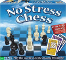 No Stress Chess game by Winning Moves displayed on a blue background. The game box features the title 'No Stress Chess' prominently. The chessboard is set up with black and white pieces in play. The image includes game cards labeled 'King', 'Queen', and 'Rook', emphasizing a simplified approach to learning chess. A bright blue sky serves as the backdrop, and a bold red tag states 'It Really Works!'