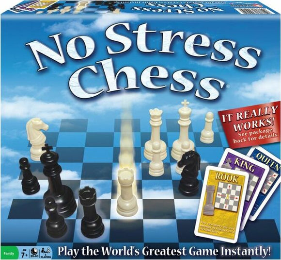 No Stress Chess game by Winning Moves displayed on a blue background. The game box features the title 'No Stress Chess' prominently. The chessboard is set up with black and white pieces in play. The image includes game cards labeled 'King', 'Queen', and 'Rook', emphasizing a simplified approach to learning chess. A bright blue sky serves as the backdrop, and a bold red tag states 'It Really Works!'
