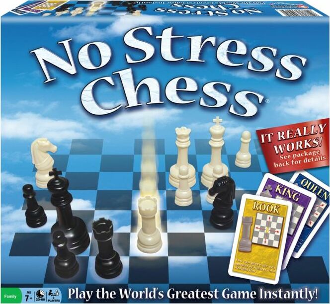 No Stress Chess game by Winning Moves displayed on a blue background. The game box features the title 'No Stress Chess' prominently. The chessboard is set up with black and white pieces in play. The image includes game cards labeled 'King', 'Queen', and 'Rook', emphasizing a simplified approach to learning chess. A bright blue sky serves as the backdrop, and a bold red tag states 'It Really Works!'