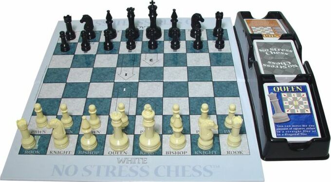 No Stress Chess game by Winning Moves. The game features a chessboard with traditional black and white pieces arranged on it. There are cards for movement instructions next to the board, designed to simplify chess for beginners. The board emphasizes ease of play, making it accessible for all ages.