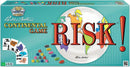 The game box for Risk, featuring the bold title in red over a world map design. The box showcases game pieces, including colorful tokens and dice, set against a vibrant teal background, indicating its strategic gameplay.