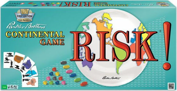 The game box for Risk, featuring the bold title in red over a world map design. The box showcases game pieces, including colorful tokens and dice, set against a vibrant teal background, indicating its strategic gameplay.