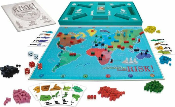 A vibrant board game setup for Risk by Winning Moves, featuring a world map divided into territories. The board is accompanied by colorful pieces in various shapes and sizes, including armies in red, green, blue, yellow, and black. Additionally, there are dice and cards for gameplay, all displayed on a teal game board with storage compartments. The game encourages strategic thinking and competition among players.