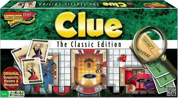 Clue, The Classic Edition board game by Winning Moves, featuring a game board, cards representing suspects, rooms, and weapons, along with a magnifying glass and dice, all presented in a vibrant green box.